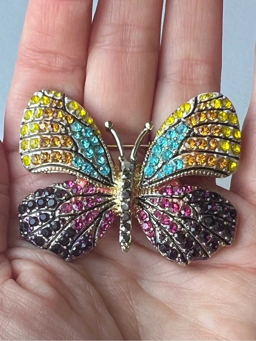 Vintage Signed NAPIER Butterfly Brooch Multi-Color Pavé Rhinestone Gold Tone 90s